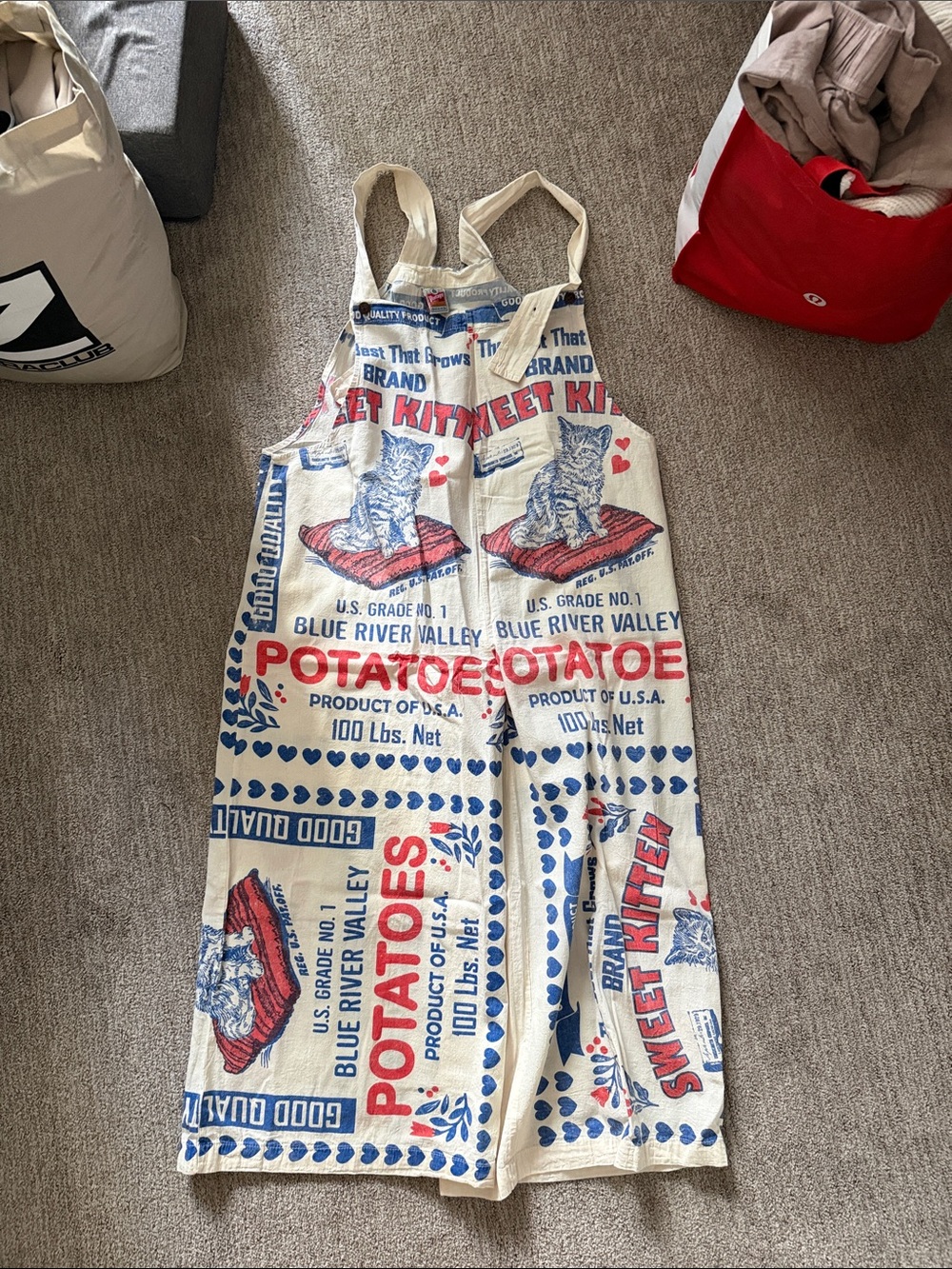 Vintage Cream Graphic Overalls with Red & Blue Print